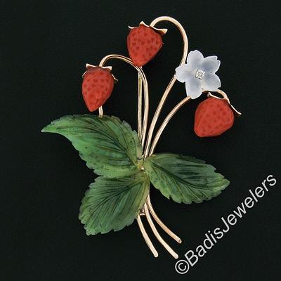 White Flower Green Leaf Red Strawberry Design Enamel Dangle