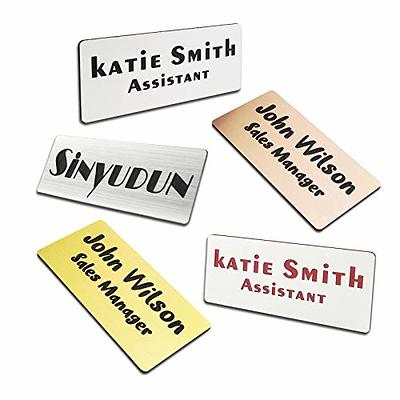  Custom Laser Engraving Metal Logo/Name Tags Badge for Business  Personalized Identification ID Tag with Magnetic, Pin, Adhesive  Backing,Clear and Easy to Read. : Office Products