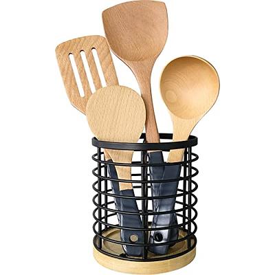 WDT Tool Utensil holder for Kitchen Counter - 5.2 x 5.2 x 6 Large Round  with Wooden Base Matte Black Cooking Utensil Holder Utensil Organizer