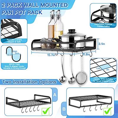 ETECHMART Hanging Pot Rack, 3 in 1 Wall Mounted Pan Holder with 10 Hooks,  Heavy Duty Iron Dish Rack Cookware Organizer, Kitchen Storage Shelf for