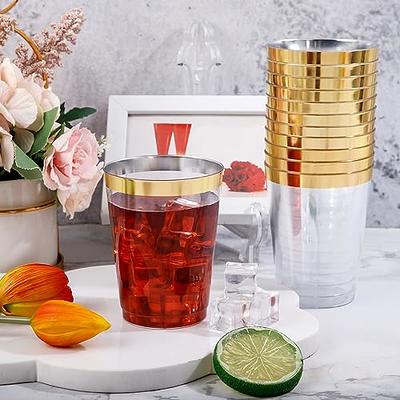 Prestee 100 Gold Plastic Cups | 9 oz | Hard Disposable Cups | Plastic Wine Cups | Plastic Cocktail Glasses | Plastic Drinking Cups | Bulk Party Cups 