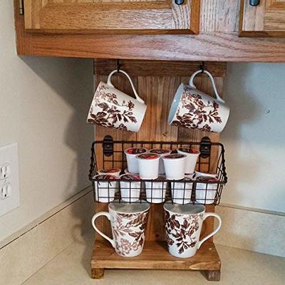 Rotating Coffee Mug Holder Rustic Utensil Holder Wood Farmhouse 4 Hook  Countertop Stand K Cup Storage Pod Storage Built-in Kitchen Canister 