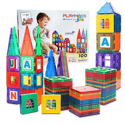 Playmags Magnetic Tiles for Kids, 60 Pc Magnet Blocks with ABC Click-ins,  STEM Development Building Toys for Boys Girls & Toddlers