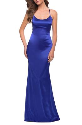 La Femme Cross Back Satin Jersey Trumpet Gown