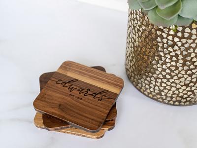 Personalied Corporate Gift Drink Coasters Engraved on a Walnut