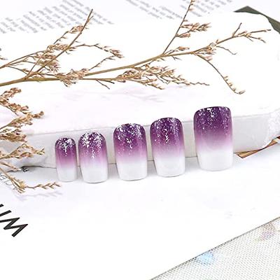 24Pcs Purple Short Press On Nails Gradient Glitter for Nails Art False Nail