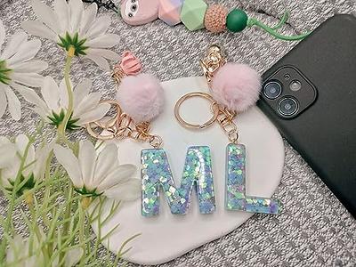 Fashion Purple Initial Letter Keychain,Cute Alphabet Letter KeyRing with  Ball for Purse Handbags Women Girl Birthday Gifts