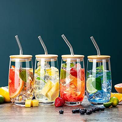 Drinking Glasses With Bamboo Lids And Straws, Glass Tumblers, Ice