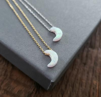 Crescent Moon necklace with Australian Crystal Opal and Diamonds -  JASMINEJEWELRY