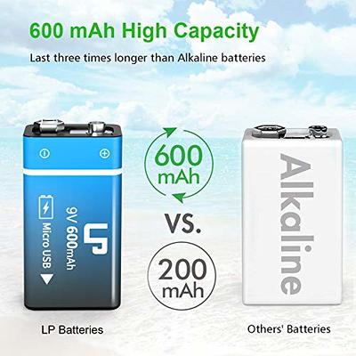 LP 9V Rechargeable Battery Charger Pack, 4 Pack 600Mah 9 Volt Batteries and  4 Ba