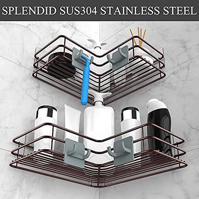 KINCMAX Shower Caddy and Soap Holder, Rustproof SUS304 Stainless Steel, Adhesive Wall Mount Double Baskets 2-Pack with Hooks (Polished Silver)