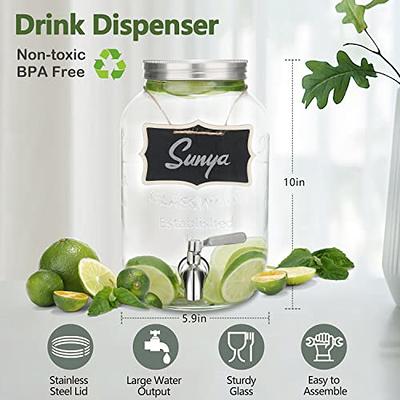 1-Gallon Glass Beverage Dispenser with Stainless Steel Spigot - [2 Pack]  Drink Dispensers for Parties - Mason Jar Drinking Dispenser with Lid,  Wooden