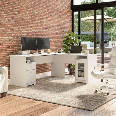 Bush Furniture Cabot 60 L Desk and Hutch with Storage, White