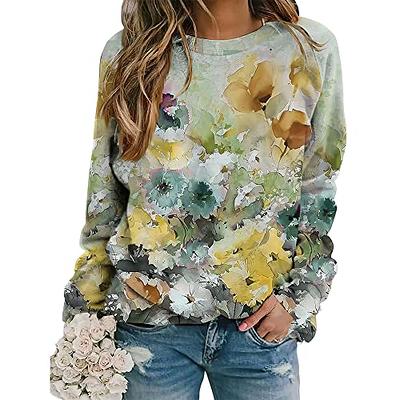 Women's Long Sleeve Flower and Landscape Print Sweatshirt Casual Fall Loose  Crewneck Pullover Tops Sweatshirts for Women Fall 