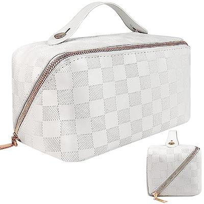 Travel Makeup Bag, Large Capacity Cosmetic Bag, Portable Makeup Bags for  Women, PU Leather Waterproof Checkered Makeup Bag with Dividers and Handle