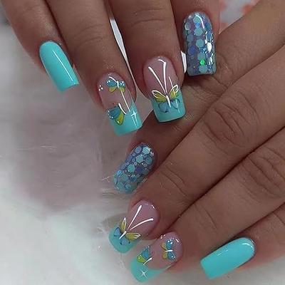 24 Pcs/set Blue Glitter Butterfly Fake Nails Long Coffin Acrylic