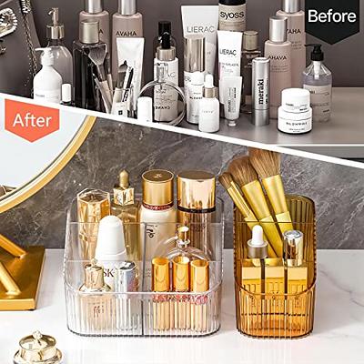 Emljkvp Makeup Brush Holder with Dustproof Cover 360 Rotating Makeup Brush  Organizer for Vanity Bathroom, White/Beige