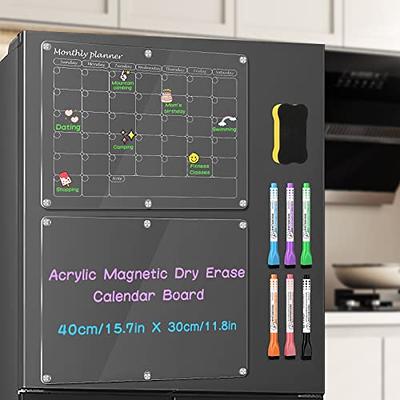 Acrylic Magnetic Dry Erase Board and Calendar for Fridge, 16”x12 Clear 2  Set Acrylic Calendar Planner Board for Refrigerator, Reusable Monthly