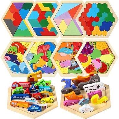Brain Teasers Puzzles Toy for Kids & Adults | 16 Pcs Wooden Colorful  Hexagon Fun Geometry Logic Tangram Puzzles Table IQ Game STEM Montessori