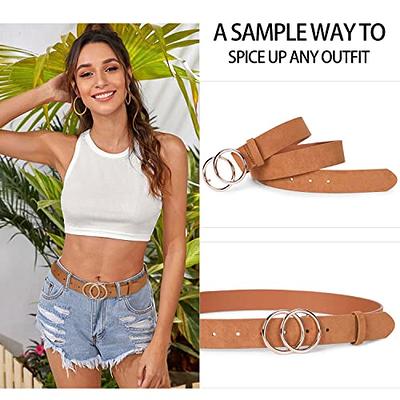 SANSTHS 2 Pack Women Leather Belts Faux Leather Jeans Belt with Double  O-Ring Buckle Size up to 58 inch at  Women’s Clothing store