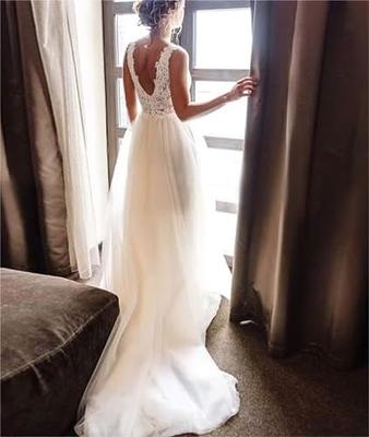 Lace Beach Wedding Dresses for Bridal V Neck Applique Boho Bridal Wedding  Gowns Tulle A-Line Bridal Gowns E-White - Yahoo Shopping