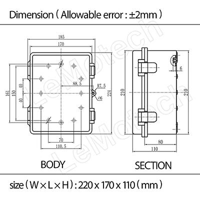 Boitier électrique étanche IP67 - Dimensions - Dim180x241x95 Entrées  prédécoupées