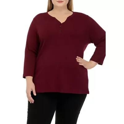 Kim Rogers® Women's Plus Size 3/4 Sleeve Henley Fashion T-Shirt