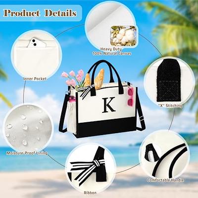 BeeGreen Personalized Birthday Gifts for Women w Inner and Side  Pouch Monogram Tote Bag w Zipper and Adjustable Shoulder Strap Embroidery  Initial Tote Bag w 13oz Canvas Beach Bag for