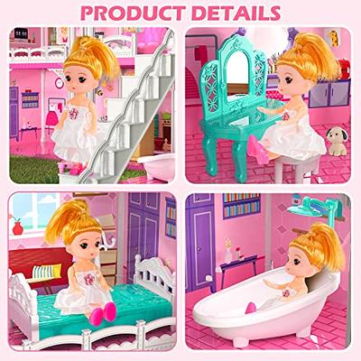 Doll House Dream House Furniture Pink Girl Toys with 3 Dolls Toy Figures  Slide