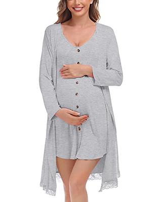 SWOMOG Womens Maternity Nursing Nightgown and Lace Robe Set 3 in 1 Labor  Delivery Button Down Nursing Dress 2 Piece Sleepwear