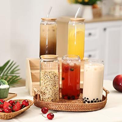 4pc Set Drinking Glasses With Bamboo Lids, Glass Straws & Straw