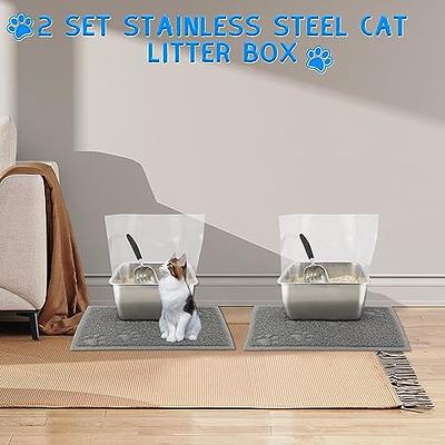 MEEXPAWS Stainless Steel Litter Box for Cats 19.7”×13.8”×4”| Non Stick |  Odor Control |Metal Cat Litter Scoop | Cat Litter Mat | Splash Guard | Easy