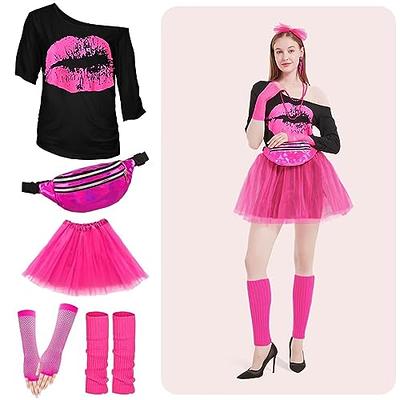  WILDPARTY 80s Costume Accessories For Women, T-Shirt Tutu  Fanny Pack Headband Earring Necklace Fishnet Gloves Legwarmers 80s Party  Halloween Outfit For Women 24PCS