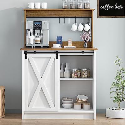 OKD Farmhouse Coffee Bar Cabinet, 54 Kitchen Buffet Sideboard w/Sliding  Barn Door, Antique White