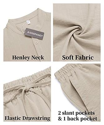 COOFANDY Men's 2 Pieces Cotton Linen Set Long Sleeve Henley Shirts Casual  Beach Pants With Pockets Summer Yoga Outfits 01-white Large