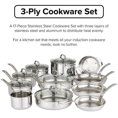 Viking Culinary 3-Ply Stainless Steel Cookware Set, 17 piece, Includes Pots  & Pans, Steamer Insert & Glass Lids