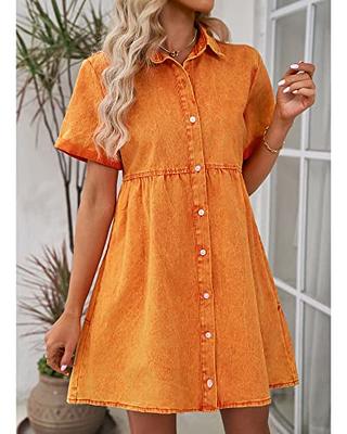 GRAPENT Denim Dress for Women Babydoll Tiered Short Sleeve Button