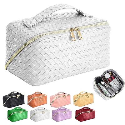 TOPALL Makeup Bag, Upgrade Make Up Bags Large Capacity Travel Cosmetic Bag  Lay Flat Makeup Bag Organizer Portable Waterproof Leather Large Makeup Bags