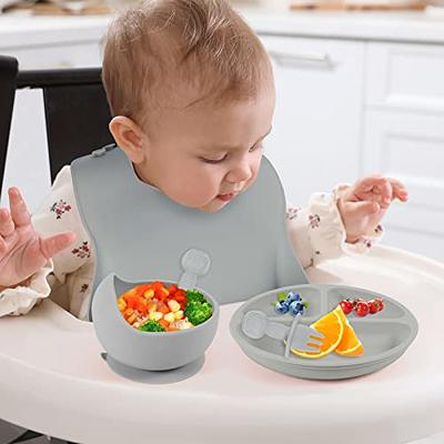 Baby Feeding Set Silicone Bib Wooden Spoon & Suction Bowl Newborn & Toddler  No Mess Self Feeding Easy Clean Utensils Washable, Girls/Boys Shower 