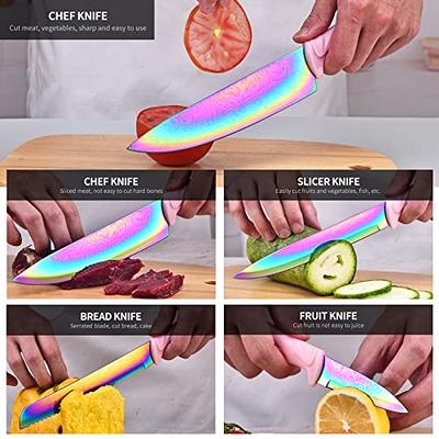 Rainbow Damascus Knife Set 6Pcs Non Stick Sharp Kitchen Knives Set with  Acrylic Block, Cutlery Knives Block Set, Chef Quality Best Gift Pink Handle  Rainbow Blade - Yahoo Shopping