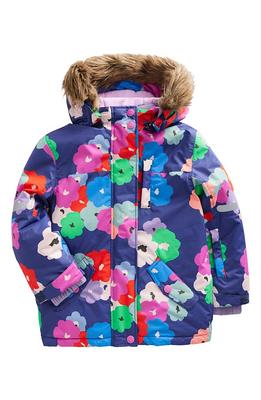 Mini Boden Kids' All Weather Floral Waterproof Jacket in Navy