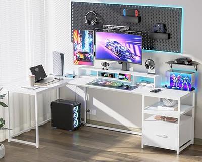 Yitahome  55 Inch L Shaped Corner Computer Desk With Power Outlet And Led  Light And File Cabinet