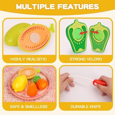 Cutting Food Play Set Barrel Toys, for Kids Pretend Kitchen Toys Cutting Fruits Vegetables Toy with Knives, Cutting Board, Plates, Storage Container