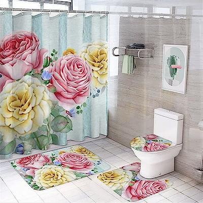 3D Rose Waterproof Shower Curtain Set Toilet Cover Mat Nonslip