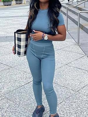 AYWA Two Piece Outfits for Women Fitted Crew Neck T-shirt High Waist  Leggings Biker Shorts Matching Sets Streetwear (Blue Grey, Small) - Yahoo  Shopping