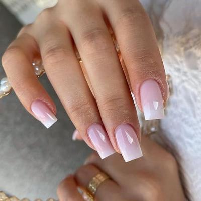 Press on False Nails, White, Acrylic French Tips, Almond Coffin