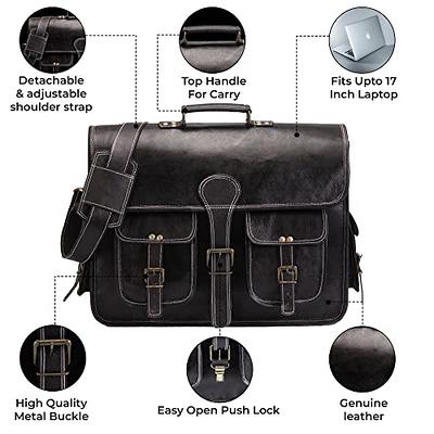 Large 17-inch Leather Laptop Bag for Men with Detachable Shoulder Strap