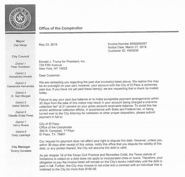 PHOTO: A letter from the Office of the Comptroller for the City of El Paso, Texas, dated May 23, 2019, addressed to Donald J. Trump for President, Inc., says, 'your account with the city of El Paso is extremely past due.' (City of El Paso)