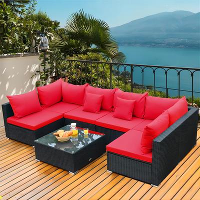 SINOFURN Rattan Outdoor Sectional with Red Cushion(S) and Rattan