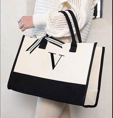 Mud Pie Classic Black and White Initial Canvas Tote Bags V 100